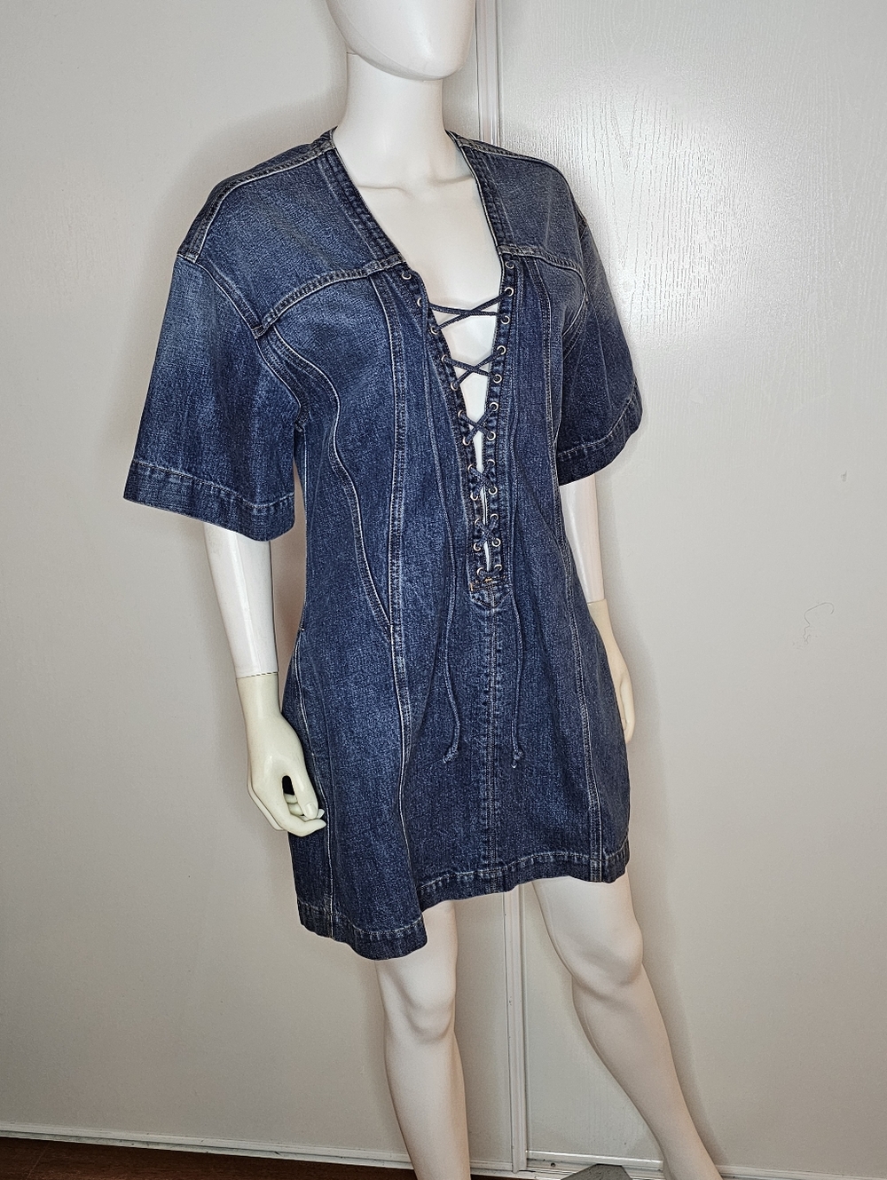 Stella McCartney Lace-Up Dark Blue Denim Mini Dress Size L Made In Italy - Picture 6 of 8